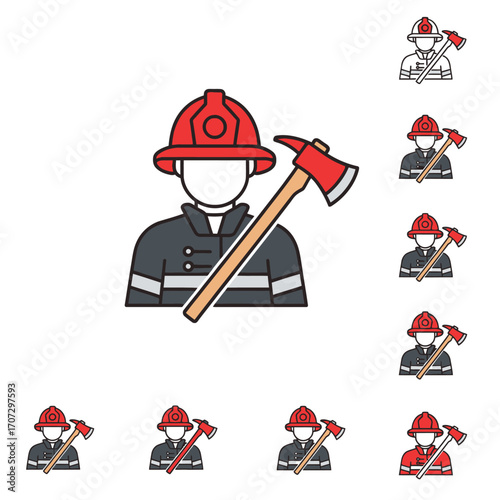 Firefighter Icon with Axe, Emergency Services Professional in Protective Gear.