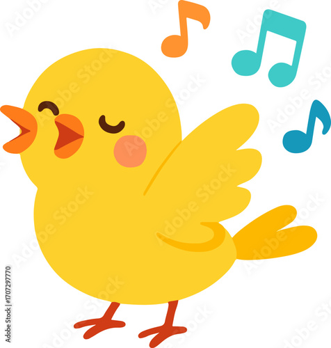 Charming yellow cartoon bird happily singing a joyful melody with colorful musical notes, symbolizing happiness, freedom, and the delightful sound of music