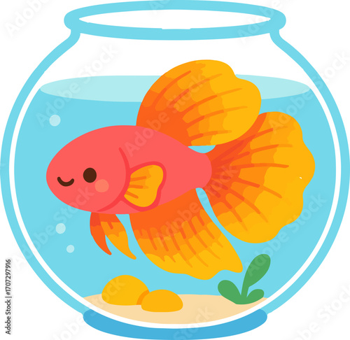 Adorable cartoon betta fish with vibrant orange fins swimming cheerfully in a small round glass fishbowl. A cute aquatic pet illustration