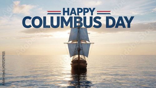 Happy Columbus Day Celebration with Sailboat on Ocean at Sunset