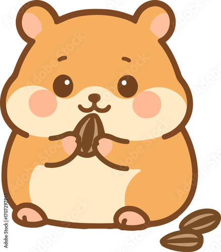 Adorable cartoon hamster character happily eating a tasty sunflower seed snack. Cute kawaii rodent pet illustration isolated on a white background