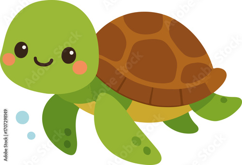 Cute cartoon sea turtle swimming happily in the ocean, an adorable reptile vector illustration character for children's design
