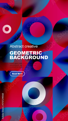 Vibrant geometric shapes overlap, creating dynamic abstract background. Text block present with button. Colors include blue, pink, red.