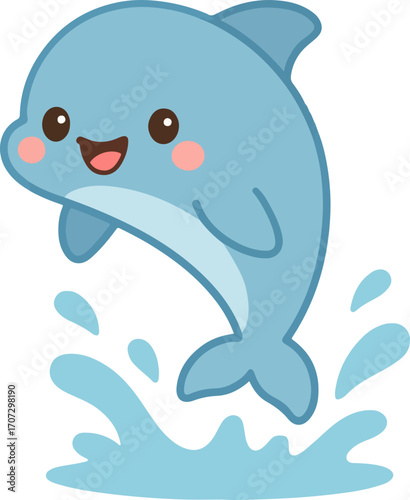 Cute kawaii dolphin character jumping happily out of the water splash. Adorable aquatic mammal vector illustration for kids