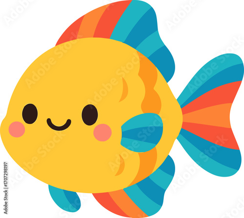 Cute kawaii goldfish illustration with colorful fins. Adorable smiling yellow fish character for children's design
