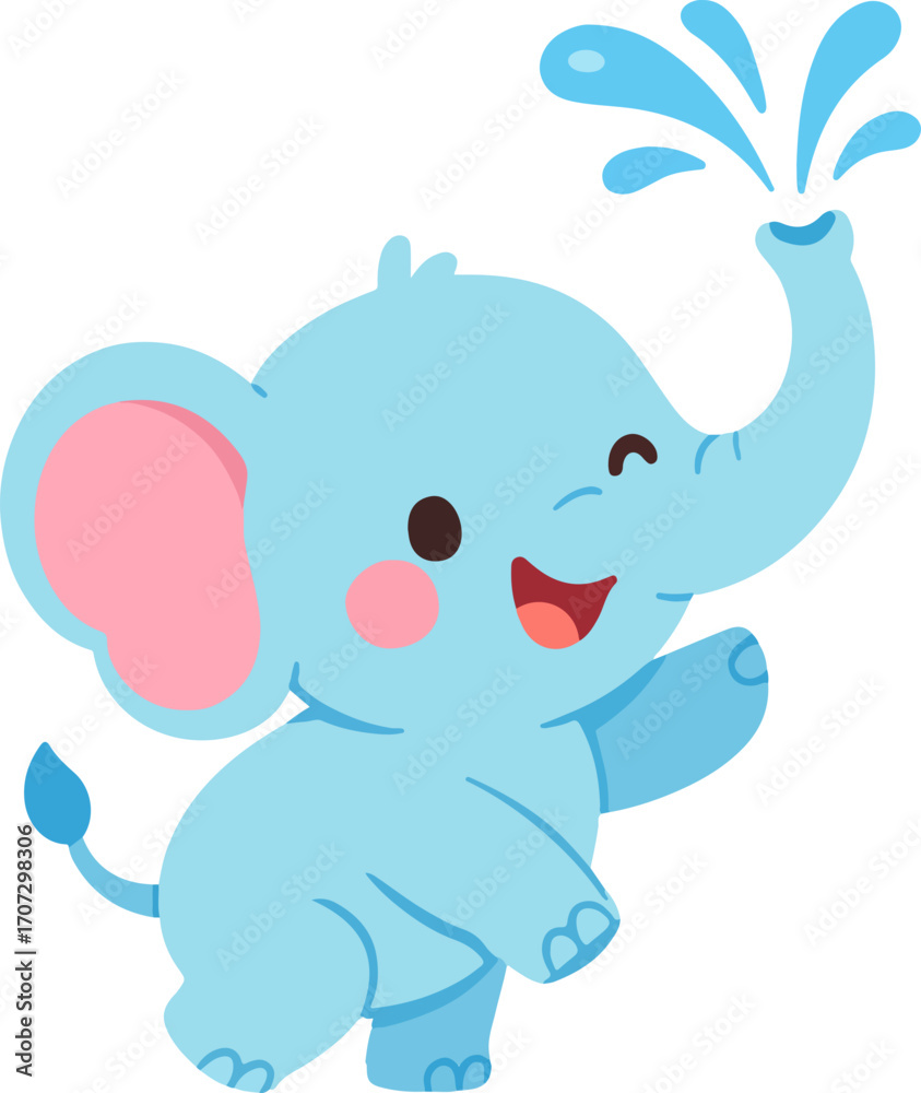 Obraz premium Cute baby elephant cartoon character spraying water from its trunk with a joyful expression. Adorable blue animal illustration for kids