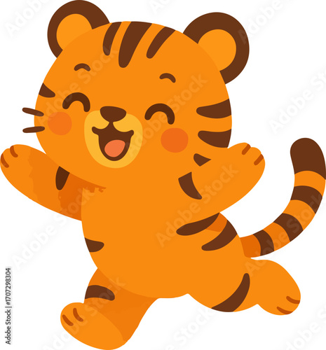 Cute cartoon tiger cub running with a happy and joyful expression. Adorable wild animal character illustration for kids, isolated on a white background