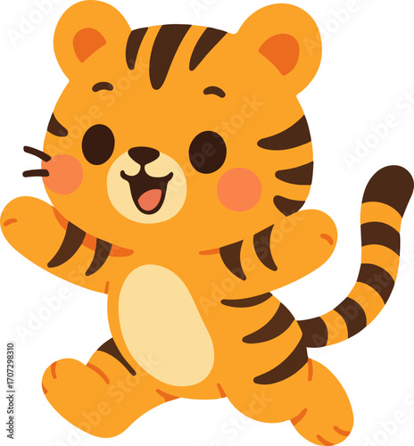 A joyful and cute baby tiger cub running with a happy smile, an adorable cartoon animal character illustration for kids