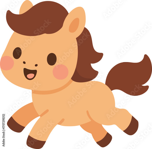 Cute cartoon baby horse running with a happy smile. Adorable pony or foal character illustration for kids, isolated on a white background