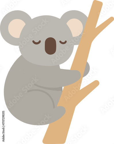 Cute sleepy koala illustration clinging to a tree branch. Adorable Australian animal cartoon character with closed eyes, sleeping peacefully. Vector graphic isolated on a white background