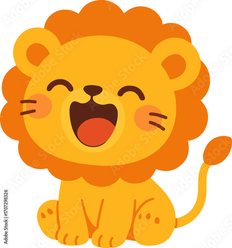 Cute happy lion cub sitting and roaring with joy. Adorable cartoon safari animal character isolated on white background for nursery design