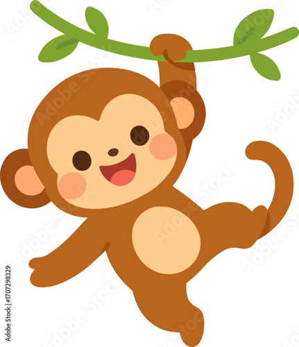 Adorable happy baby monkey swinging on a green branch, a charming and cheerful primate vector for children