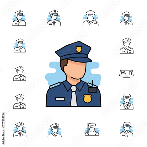 Illustration of a Police Officer in Uniform with Hat and Badge.