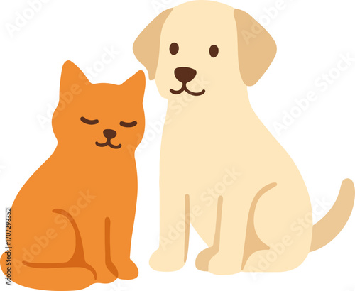 Adorable illustration of a ginger cat and a yellow Labrador retriever puppy sitting side-by-side, a heartwarming depiction of pet friendship