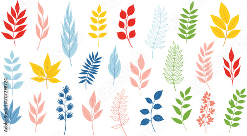 Colorful stylized leaf vector set featuring 24 unique botanical shapes for nature-themed design, decoration, education, and seasonal artwork