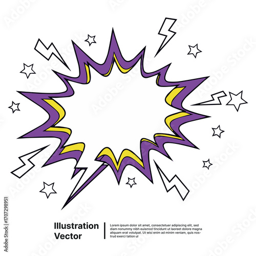 Comic style explosive speech bubble in purple, yellow, and white with lightning and stars
