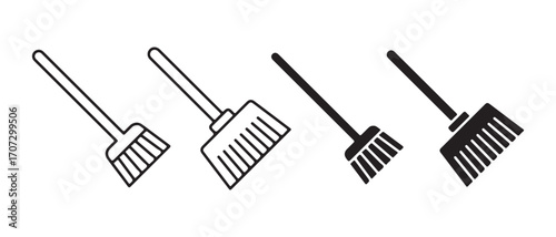 Broom icon set. isolated on white background, cleaning and sweeping equipment.