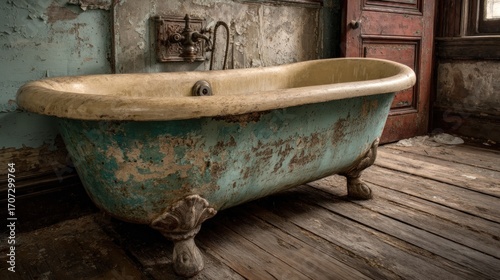 Antique clawfoot bathtub in dilapidated room with peeling paint and worn floors