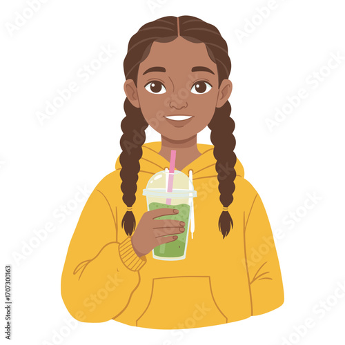 Smiling african female child enjoying a green smoothie in yellow hoodie – flat illustration