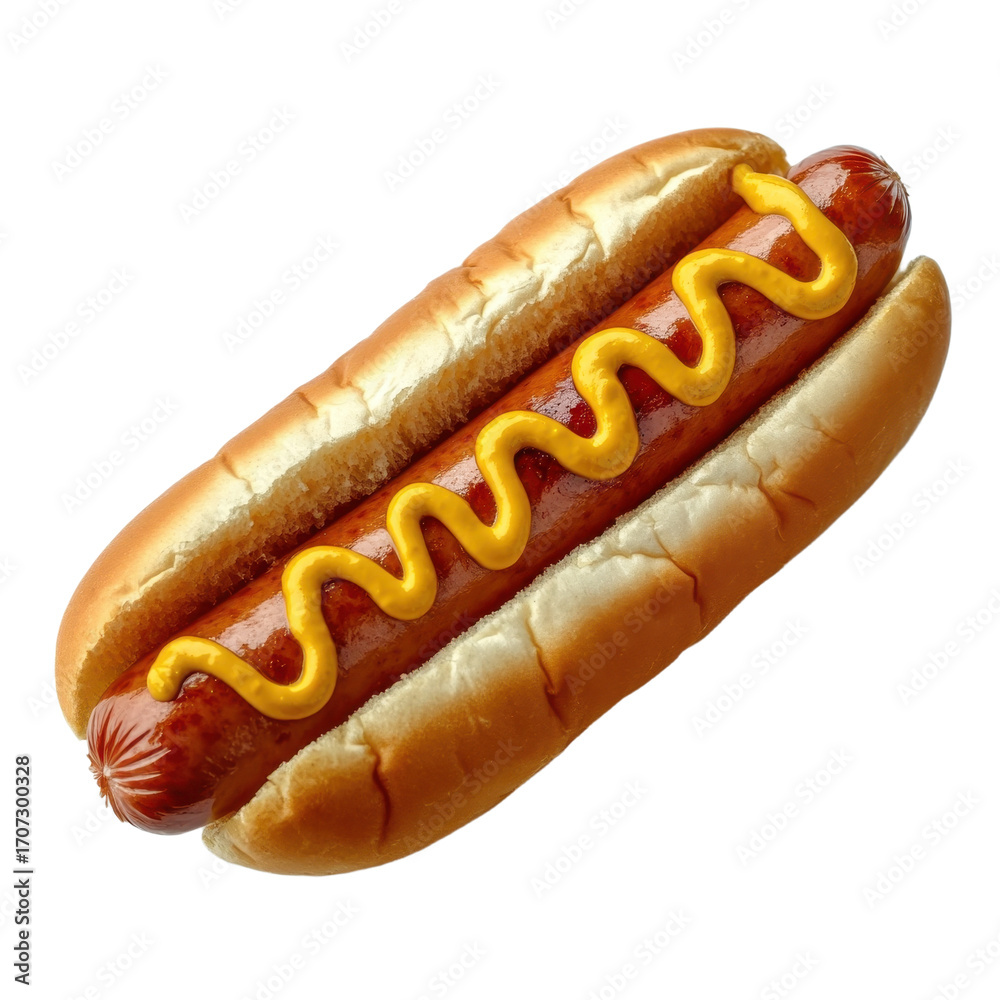 © PNG - Classic hot dog with a zigzag of mustard on a soft bun isolated on white background