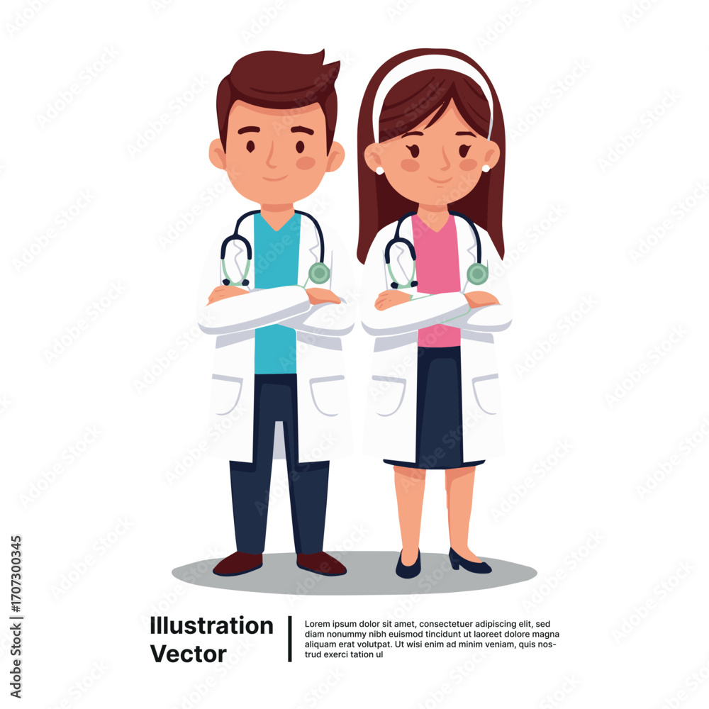 Fototapeta premium Cartoon illustration of a professional medical team, a man and woman doctor with crossed arms