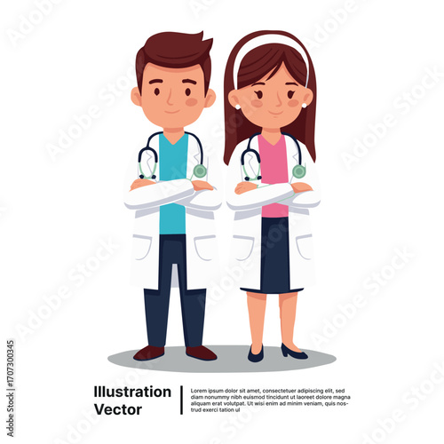 Cartoon illustration of a professional medical team, a man and woman doctor with crossed arms