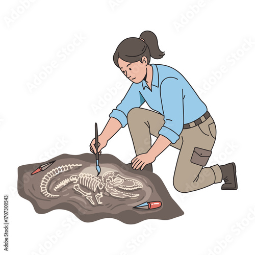 Young caucasian female archaeologist unearthing dinosaur fossil with careful precision – flat illustration