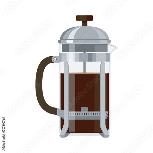 French press coffee maker with dark brew and chrome plunger – flat illustration