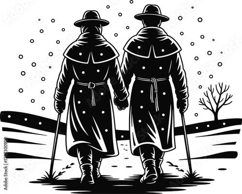 Walking Couple Silhouette Illustration in Black Vector Art with Coats and Walking Sticks