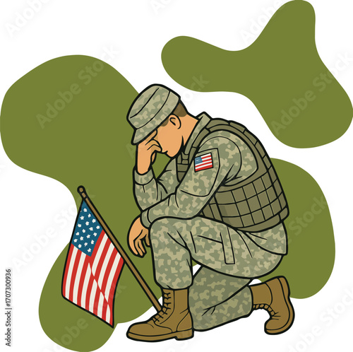 Sad soldier kneels beside american flag in camouflage background illustration