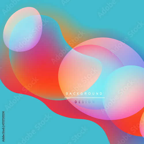 Abstract fluid shapes overlap, creating vibrant color gradients. Background features smooth transitions between blue, pink, orange hues. Design elements suggest movement.