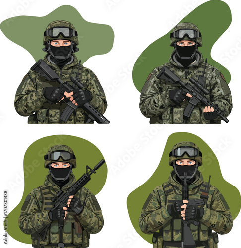 Military personnel portraits in camouflage uniform holding rifles in various positions