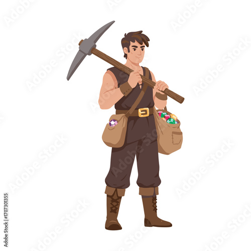 Young caucasian male miner with pickaxe and gem-filled bags – flat illustration