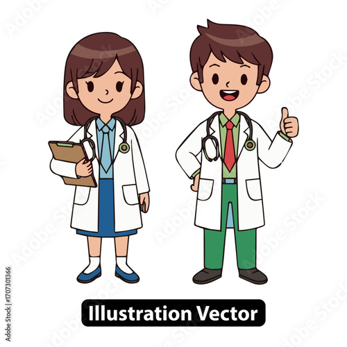 Two happy cartoon doctors, a man and a woman, portraying healthcare and medical expertise