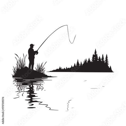 silhouette of a fisherman with fishing rod, fishing, fisherman, silhouette, boy, fish, sunset, rod, woman, water, vector, people, illustration, sport, lake, angler, cartoon, summer, fun, nature, beach