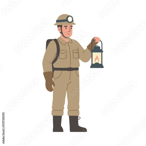 Caucasian male miner holding lantern in brown uniform with helmet and boots – flat illustration