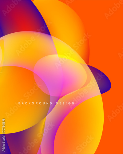 Abstract vibrant layers blend. Orange, yellow, purple hues create dynamic visual effect. Modern design element.