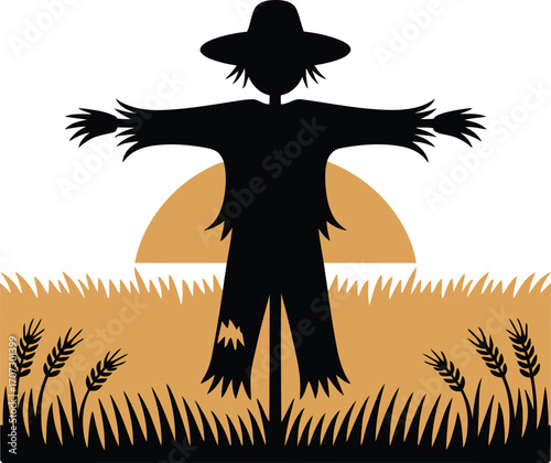 Autumnal Scarecrow Silhouette Illustration in a Wheat Field Vector Design with Black Elements
