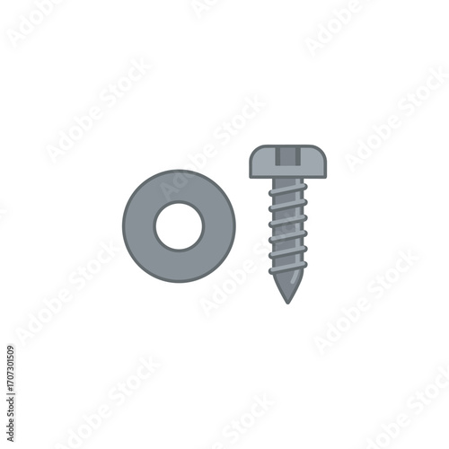 Gray metal screw and washer on white background for construction and hardware – flat illustration