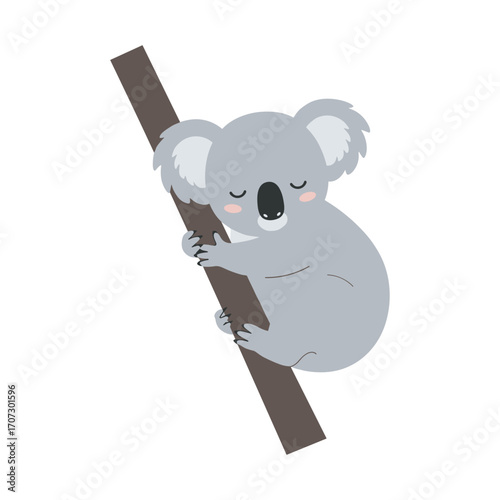 Cute cartoon koala sleeping on tree branch with closed eyes and blushing cheeks – flat illustration