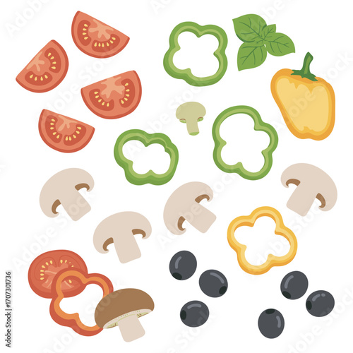 Colorful vegetable and mushroom slices with olives and basil – flat illustration