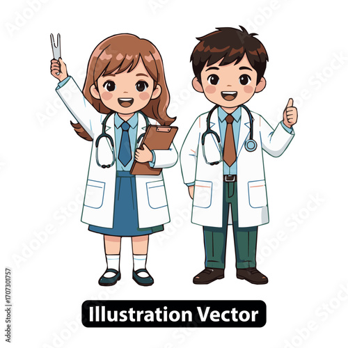 Professional and friendly cartoon doctor team, a man and woman in white coats smiling