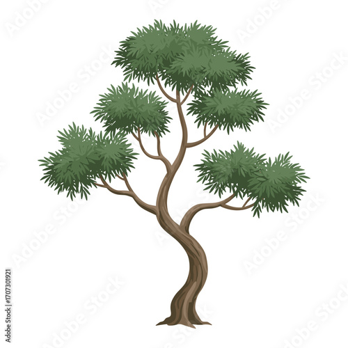 Elegant twisted tree with lush green foliage – flat illustration
