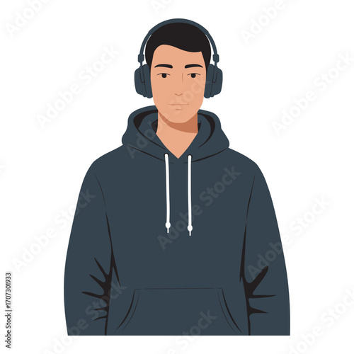Young asian male listening to music with headphones in hoodie – flat illustration