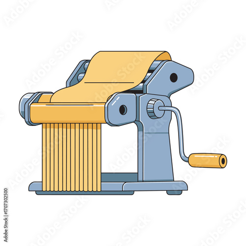 Hand-cranked pasta maker with dough and cutting blades – flat illustration