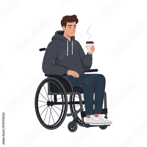 Young caucasian male in wheelchair drinking coffee in casual attire – flat illustration