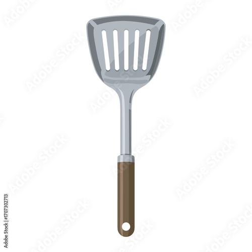 Metal slotted spatula with brown handle for cooking and frying – flat illustration