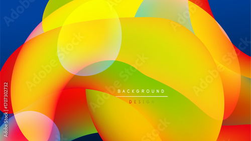 Vibrant overlapping circles create abstract colorful background. Smooth gradients blend red, yellow, green, blue hues. Modern design element.