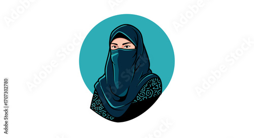 Portrait illustration of a beautiful Muslim woman in a blue hijab and niqab, a modern vector avatar graphic for design