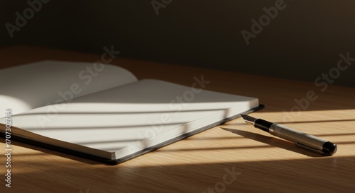 Sunlight Casting Shadows on Open Notebook and Elegant Pen on Table
